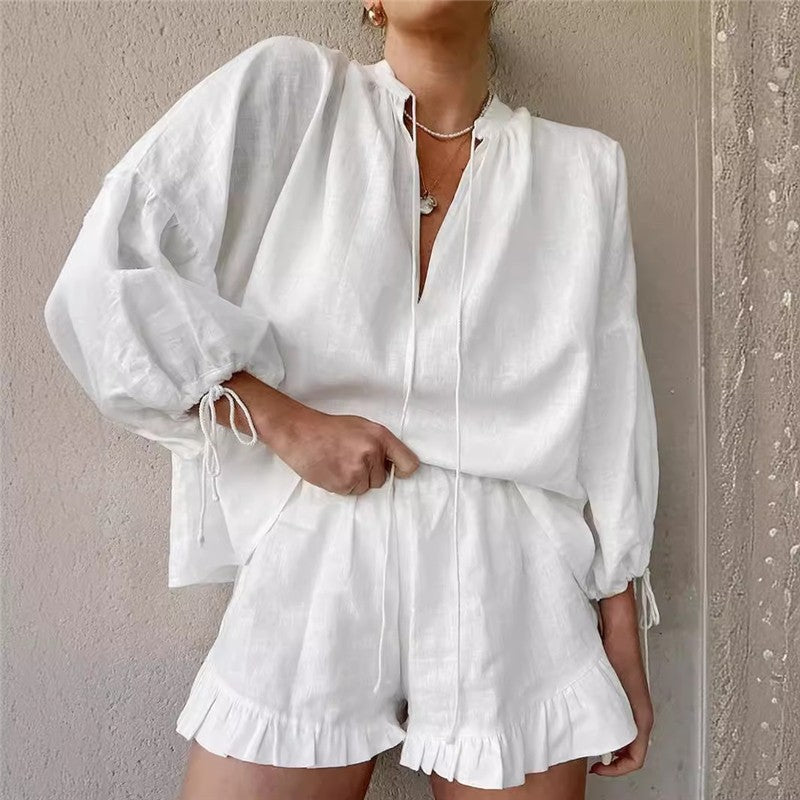Relaxed Fit V-Neck Lantern Sleeve Solid Color Shorts Set