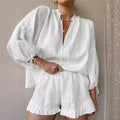 Relaxed Fit V-Neck Lantern Sleeve Solid Color Shorts Set