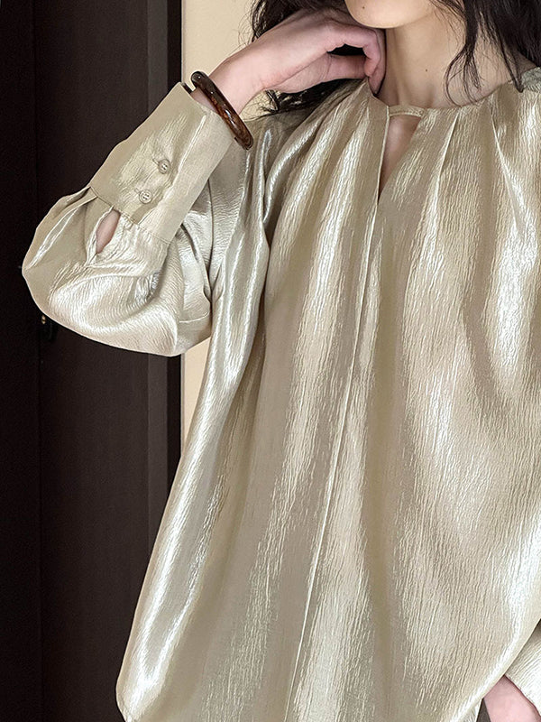 Long Sleeves Loose Hollow Shiny Solid Color Round-Neck Blouses&Shirts Tops