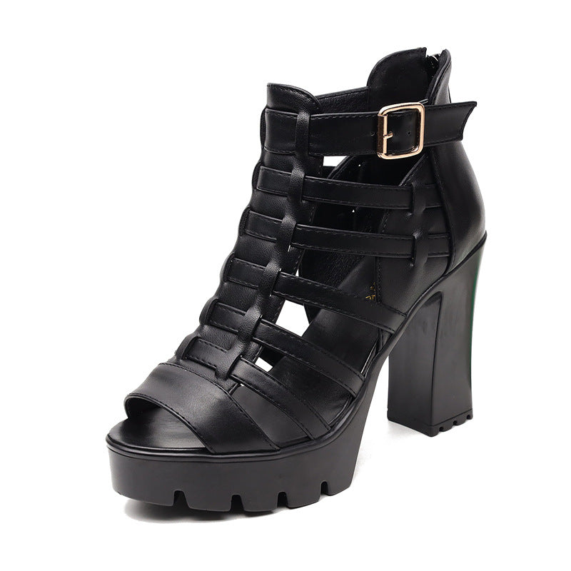Women's Cutout Platform Sandals | Waterproof Open-Toe Cowhide Back Zipper Heels