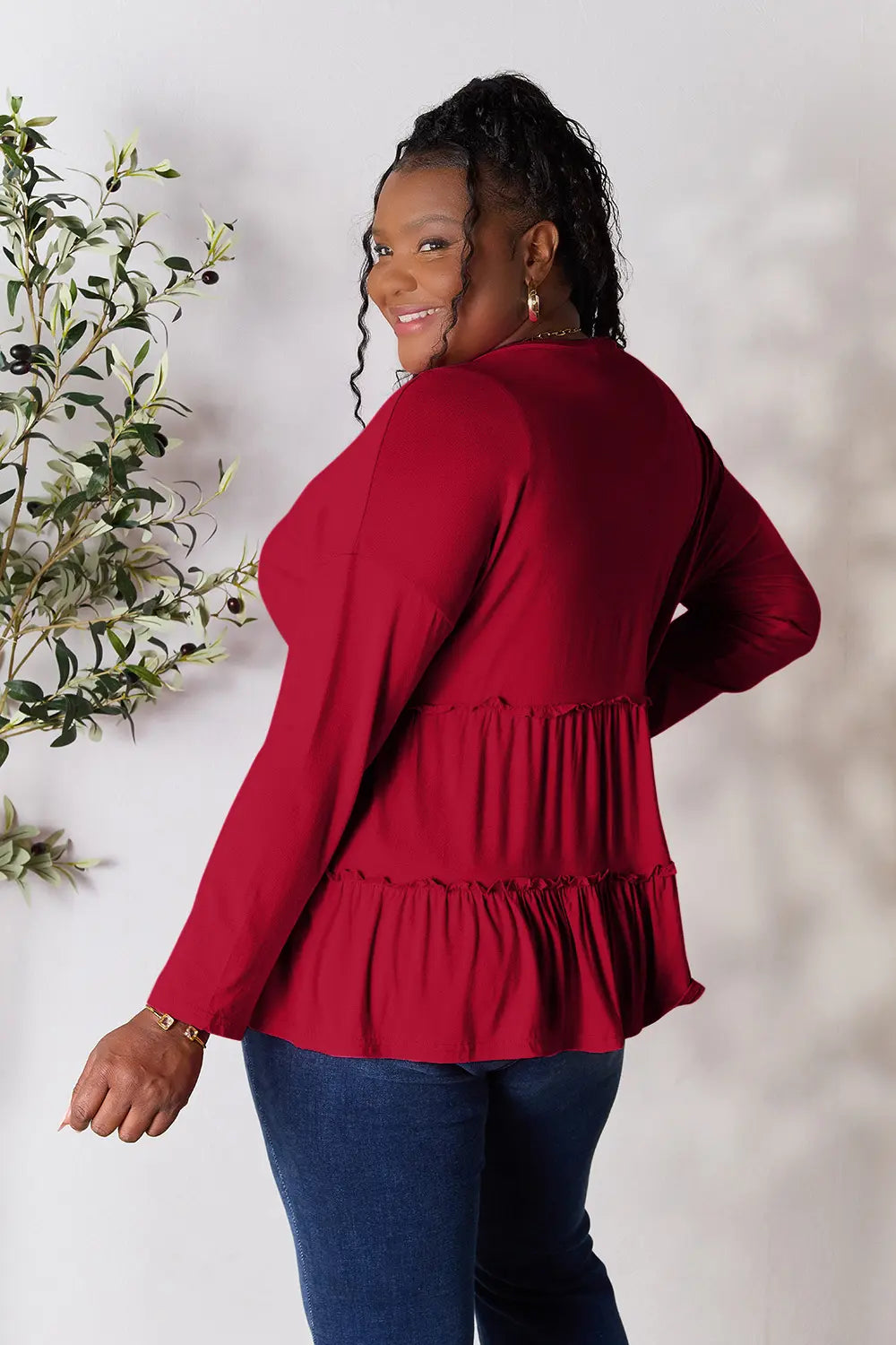 I am a Fashion Junky Take Half Button Long Sleeve Ruffle Hem Blouse