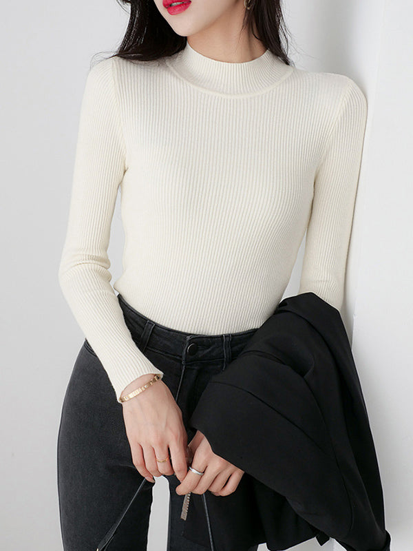 Simple Long Sleeves Skinny Solid Color High-Neck Pullovers
