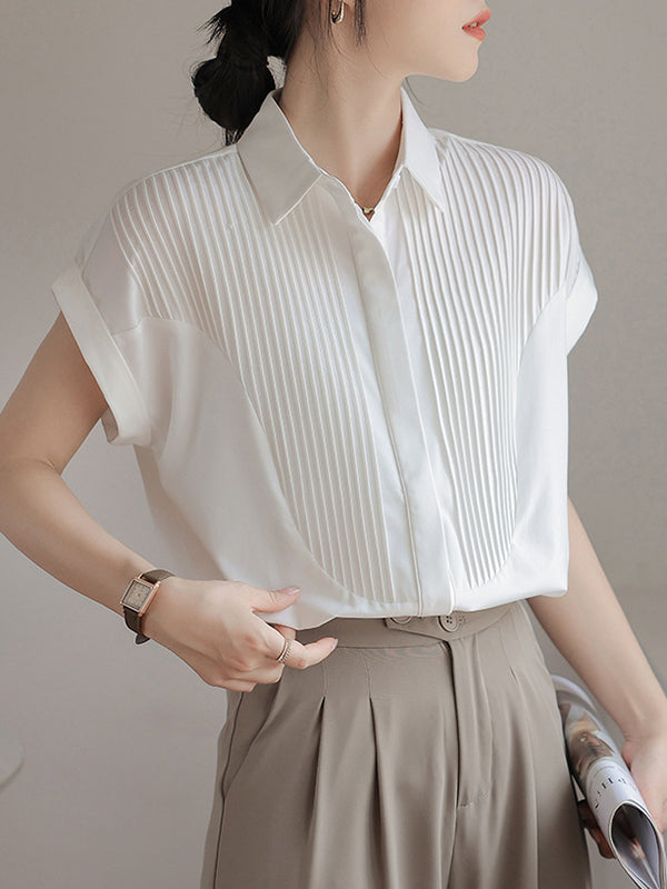 Loose Short Sleeves Buttoned Pleated Solid Color Split-Joint Lapel Blouses&Shirts Tops
