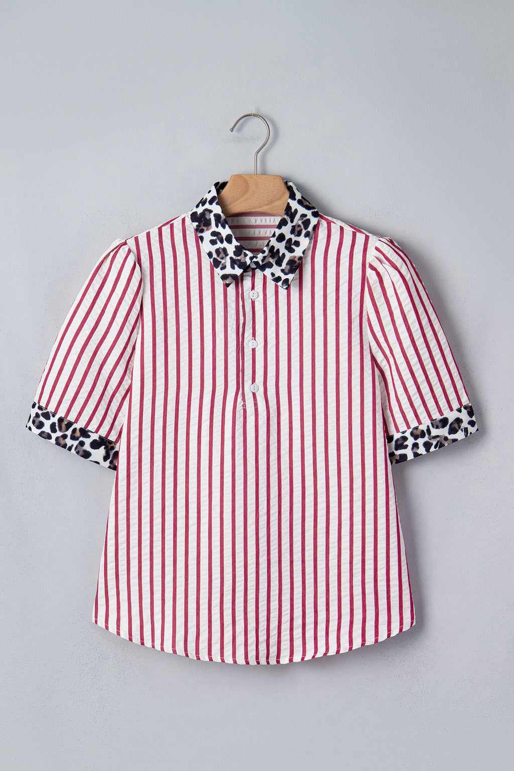 Red Stripe Leopard Contrast Trim Half Button Blouse