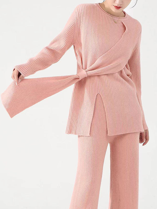 Loose Asymmetric Solid Color Split-Front Round-Neck Long Sleeves Sweater Top   Pants Bottom Two Pieces Set
