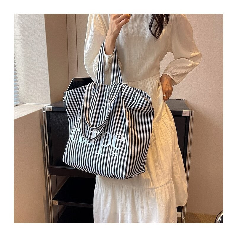 Striped Letter Canvas Tote Bag with Large Capacity