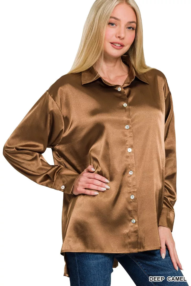 Satin Button Down Long Sleeve Shirt