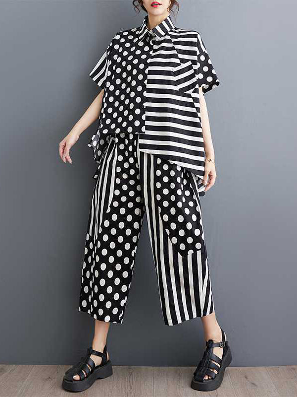 Half Sleeves High-Low Asymmetric Contrast Color Polka-Dot Split-Side Striped Lapel Blouses Top + Pants Bottom Two Pieces Set