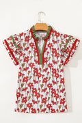 Red Floral Print Contrast Trim V Neck Double Ruffled Short Sleeve Blouse