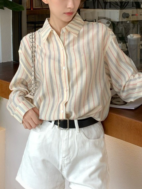 Long Sleeves Loose Buttoned Striped Lapel Blouses&Shirts Tops