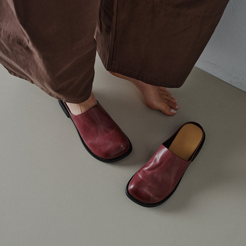 Women's Washed Cowhide Leather Mule Slides | Retro Round-Toe Block Heel Backless Shoes