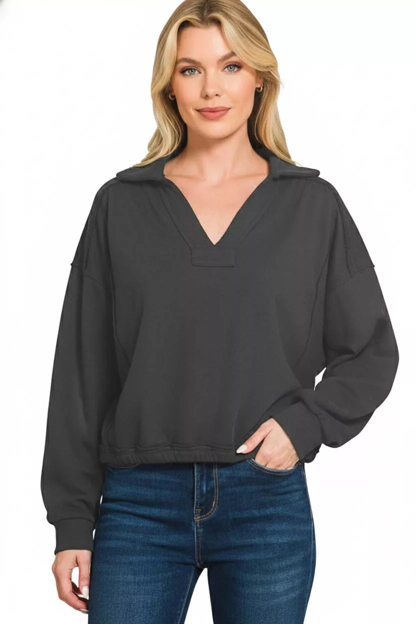 French Terry Collared Exposed Seam Sweatshirt