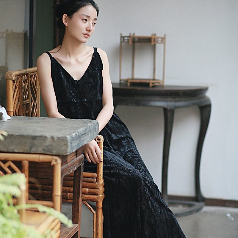 Velvet Printed Camisole Dress in Solid Color