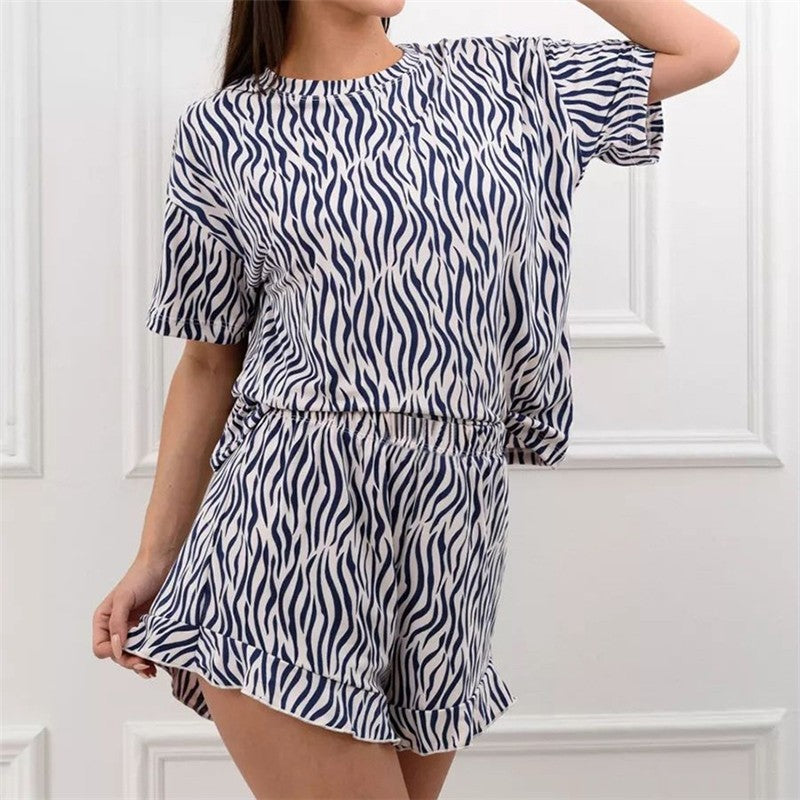 Leaf Print Hem Short Sleeve Pajama Set