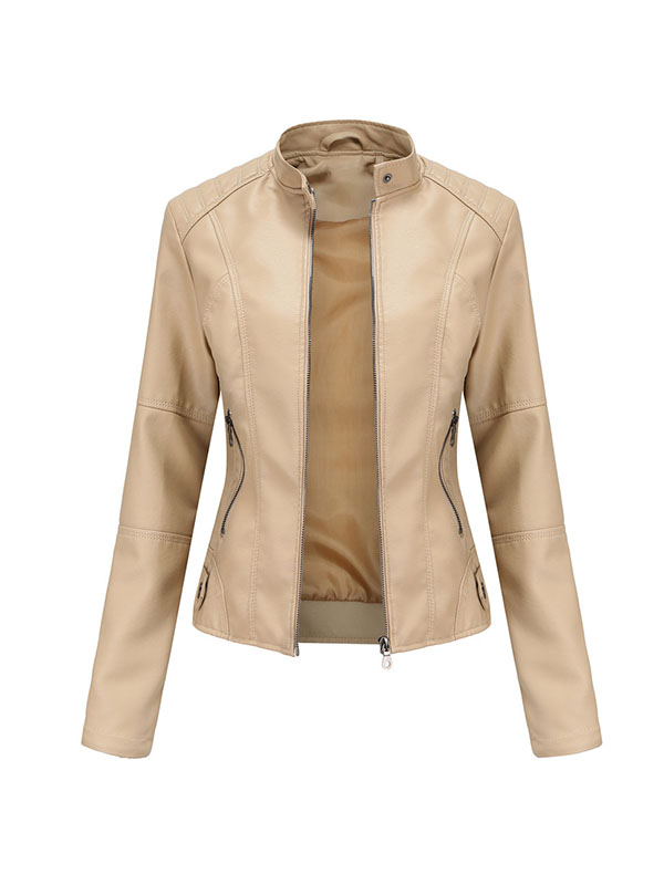 Long Sleeves Plus Size Buttoned Pockets Zipper Stand Collar Jackets Outerwear