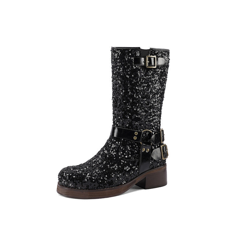Women's Sequin Buckle Mid-Calf Boots - Chunky Heel PU Leather Boots