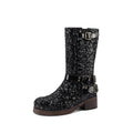 Women's Sequin Buckle Mid-Calf Boots - Chunky Heel PU Leather Boots