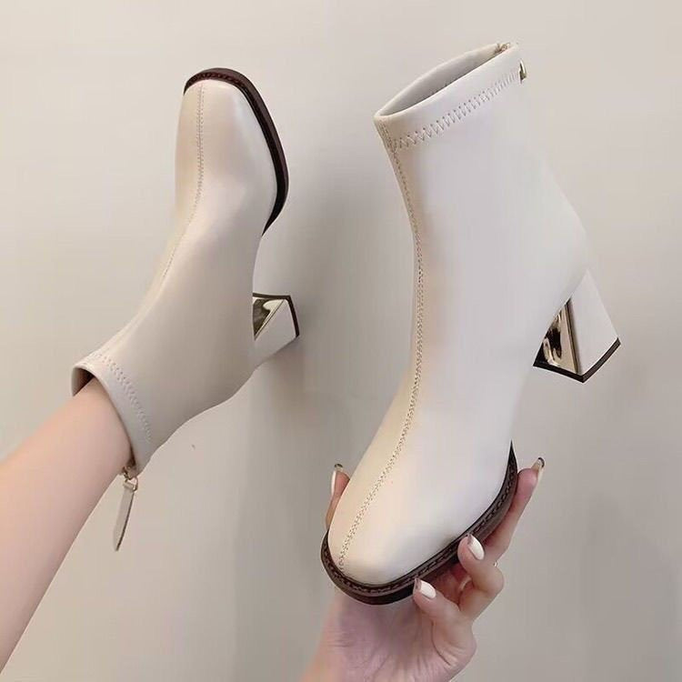 Women's Chunky Heel Ankle Boots – Back Zipper Round Toe Block Heel Booties in Khaki, Beige & Black