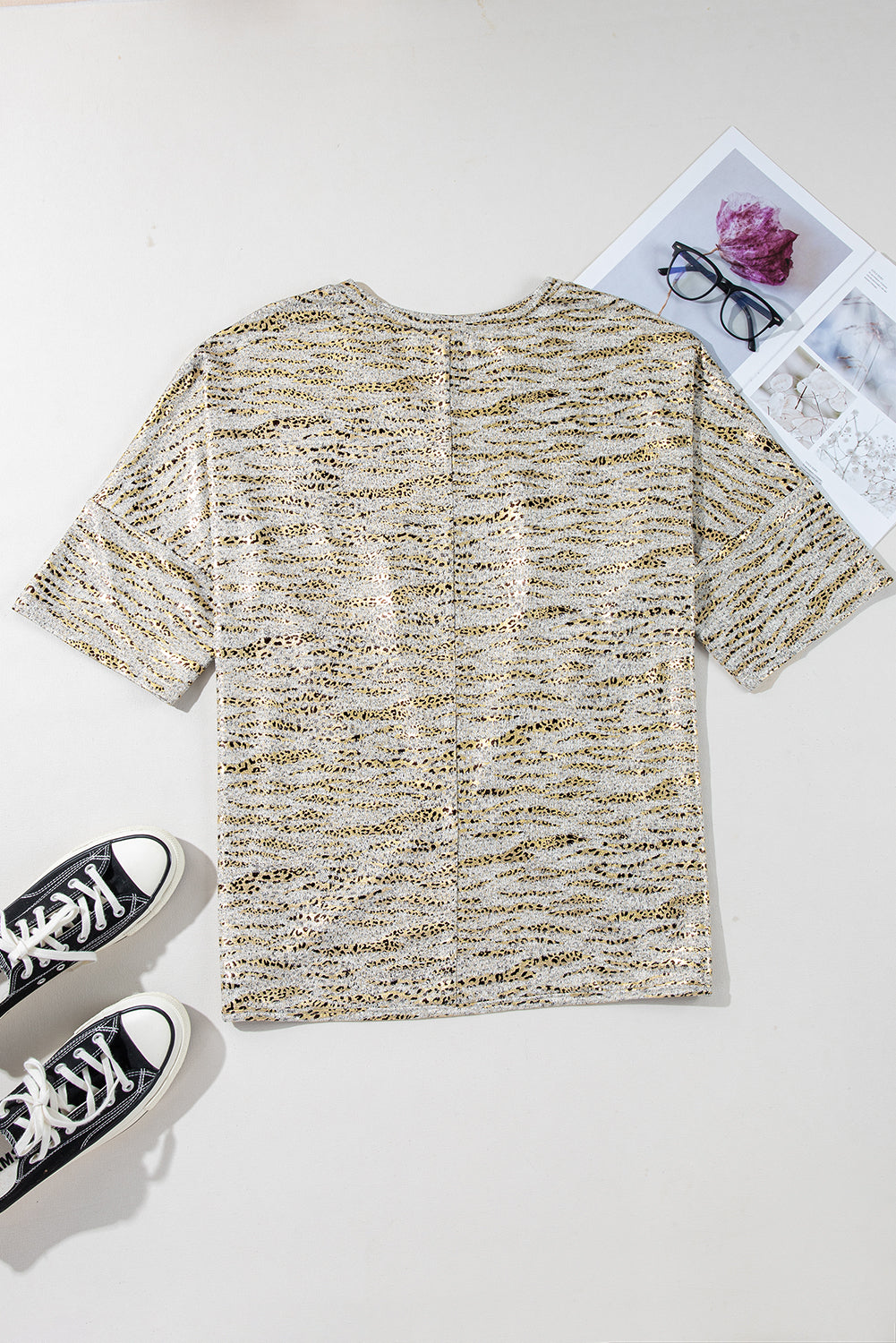 Gray Leopard Print Half Sleeve V Neck Loose Fit T Shirt