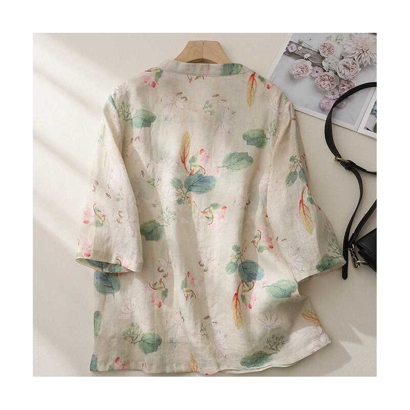 Printed Linen Shirt with Chinese-Inspired Stand-Up Collar