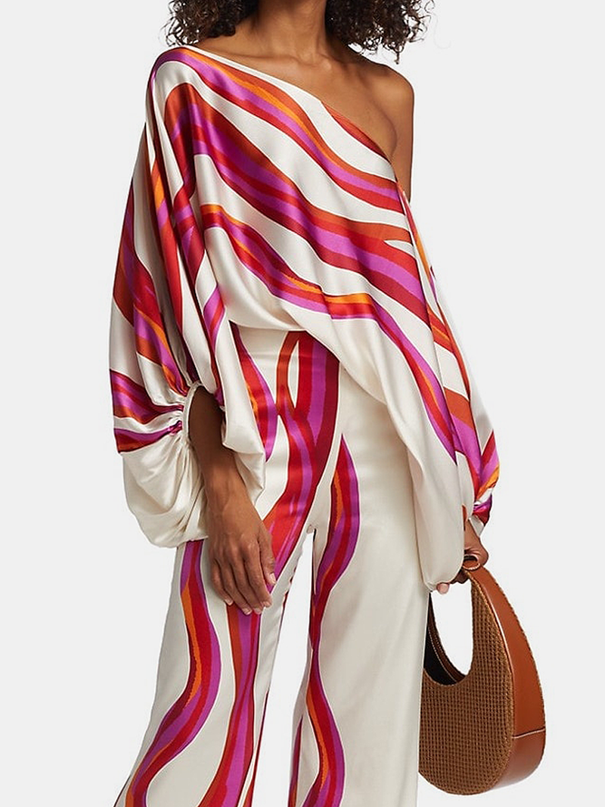 Urban Wide Leg Printed Off-The-Shoulder Blouse and Casual Pants Set