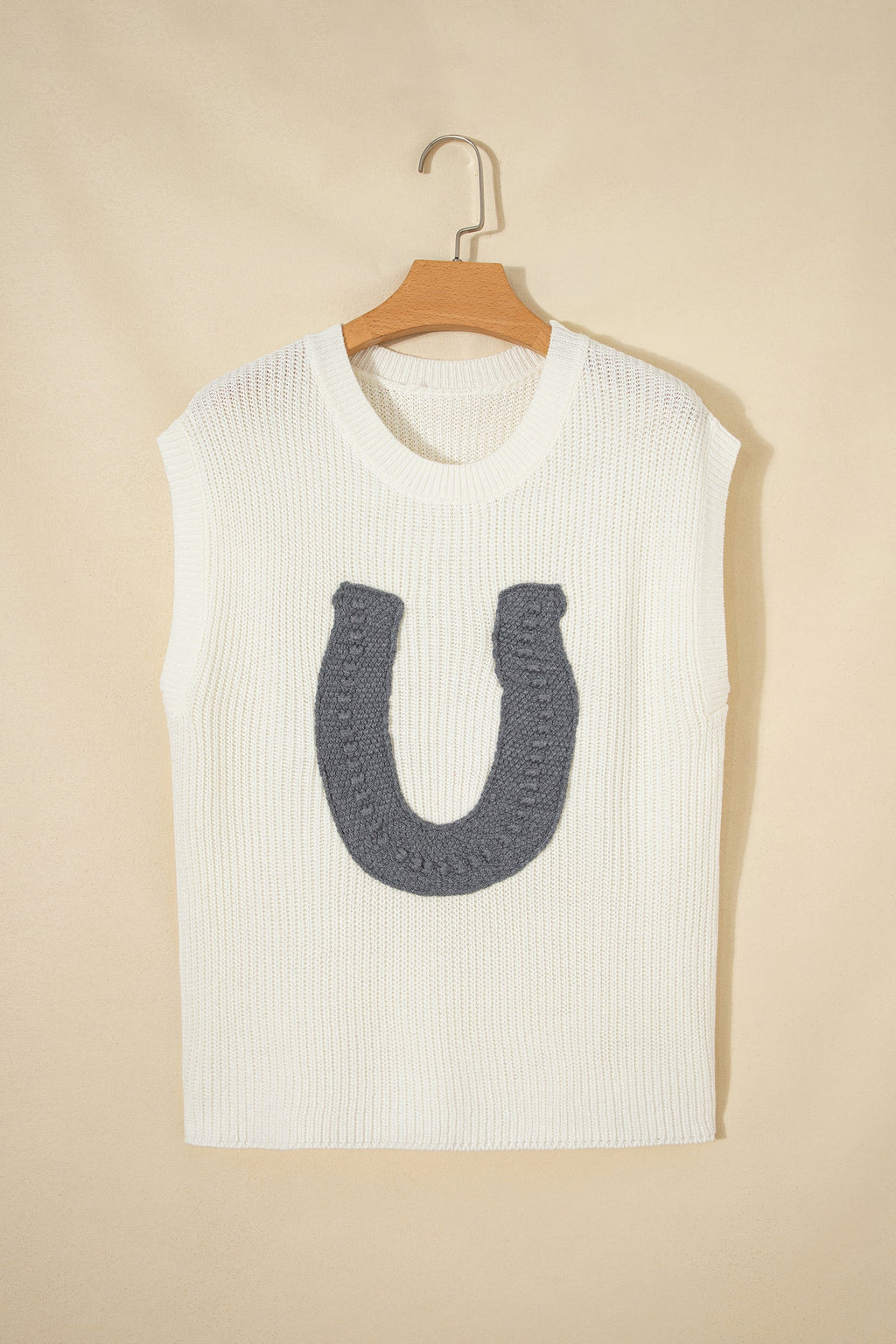 White Crochet Horseshoe Short Sleeve Knit Sweater