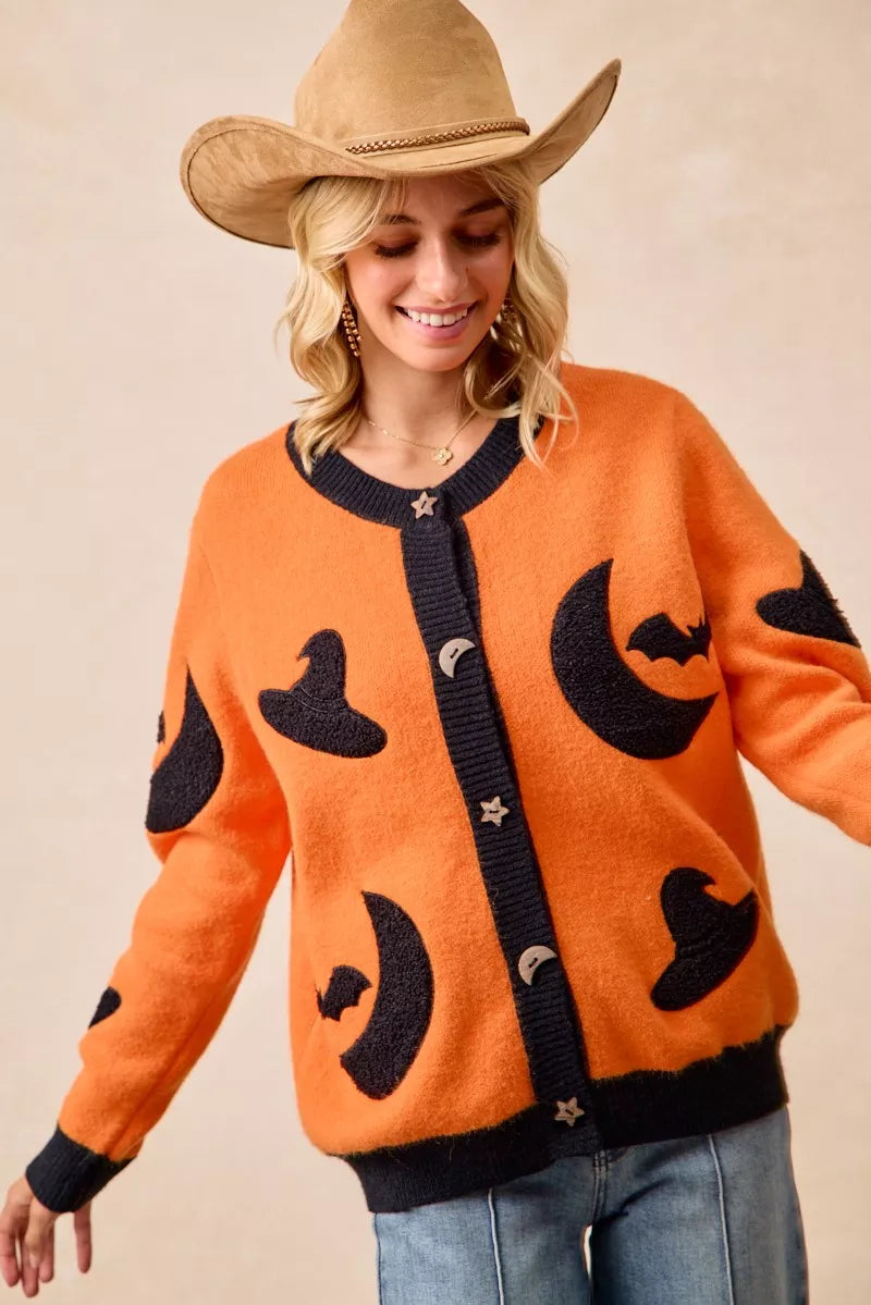 Halloween Witch Hat Moon Bat Artwork Cardigan