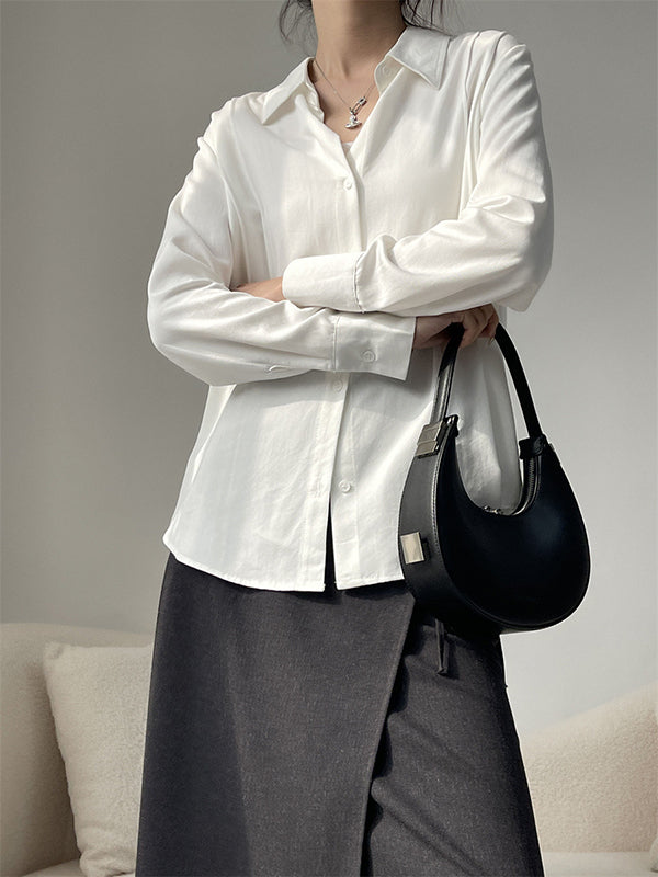 Long Sleeves Loose Pleated Split-Joint Lapel Blouses&Shirts Tops