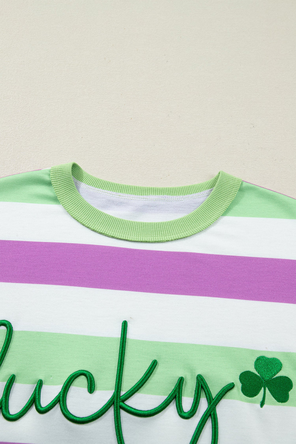 Green Stripe Lucky Clover Embroidered Graphic Dolman Loose Tee