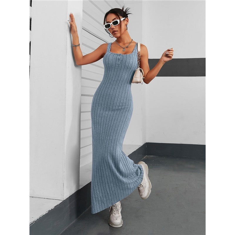 Solid Color Sleeveless Square Neck Slim Knitted Maxi Dress