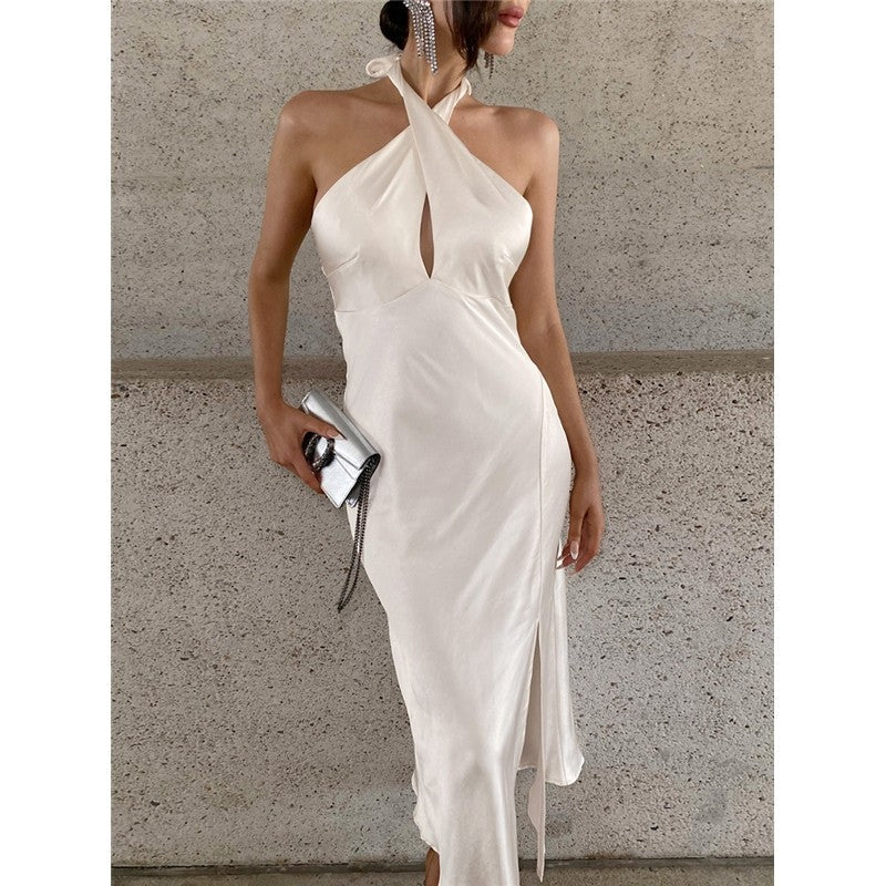Halterneck Backless Slit Long Party Dress in Solid Color