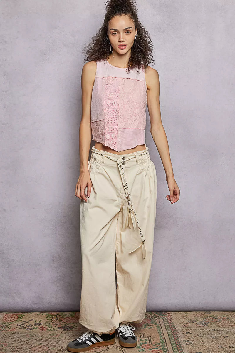 Ribbed Round Neck Cropped Tank with Lace Detail