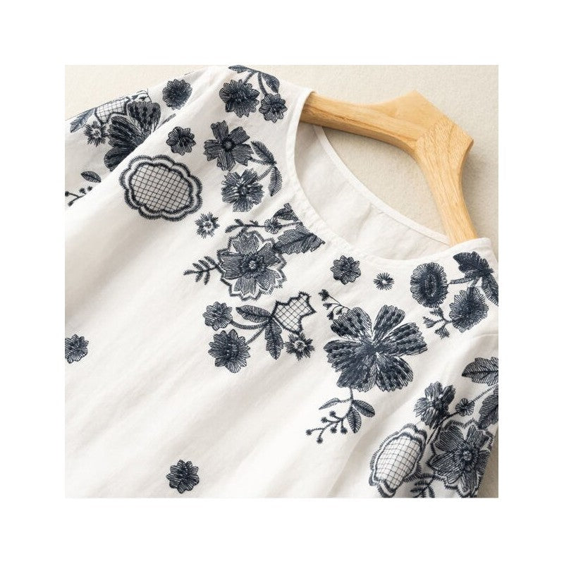 Embroidered Linen-Cotton Relaxed Fit Round Neck T-Shirt