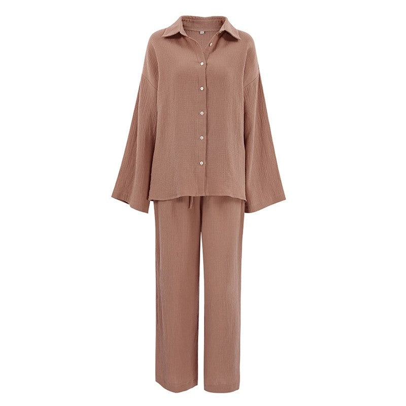 Solid Color Long Sleeve Lapel Buttoned Blouse and Pants Two-piece Lounge Set