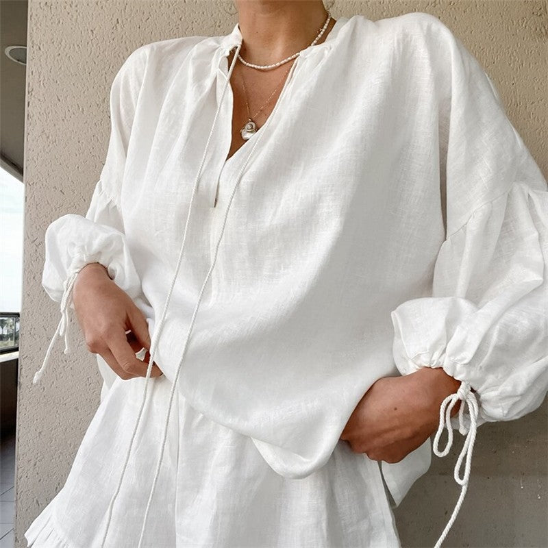 Relaxed Fit V-Neck Lantern Sleeve Solid Color Shorts Set