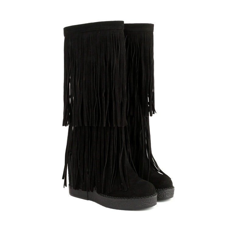 Women's Tassel Wedge Boots | High-Heel Thick-Soled Retro Fashion Boots | Black Brown Yellow