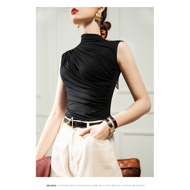 Solid Color Half Turtleneck Sleeveless Pleats Tank Top