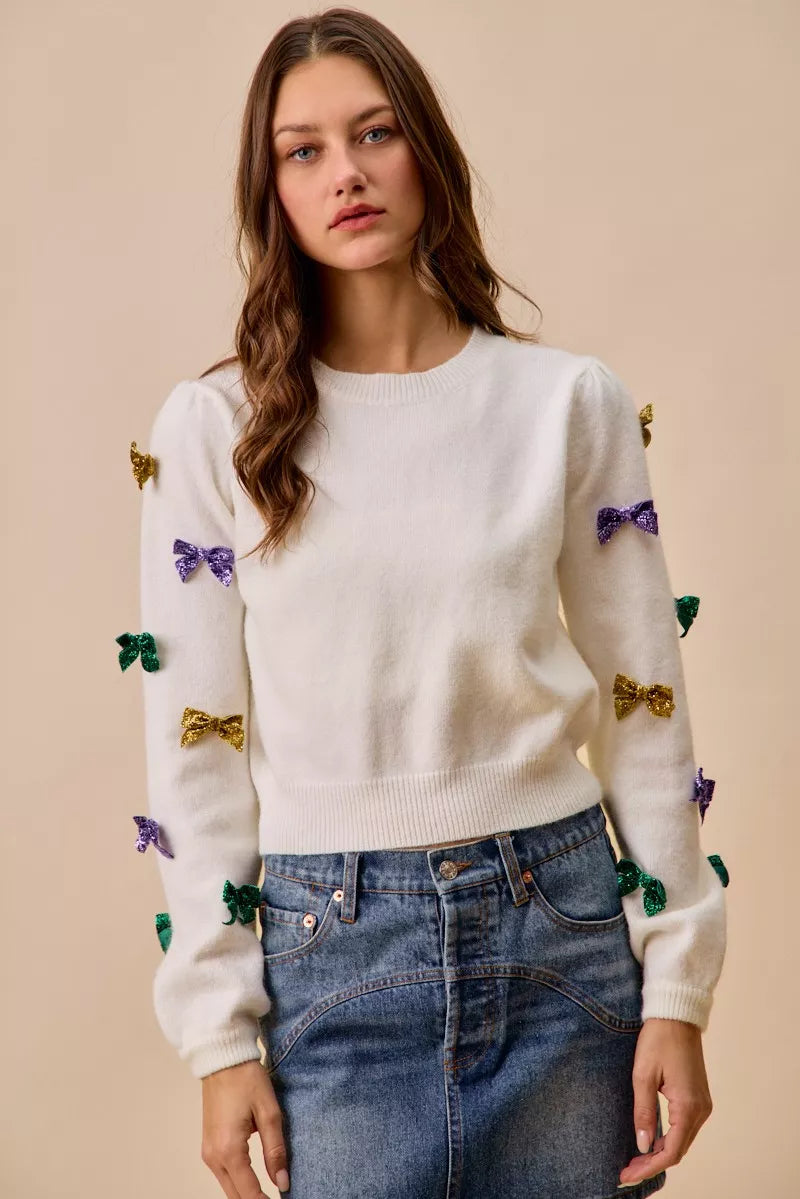 Mardi Gras Glitter Bow Ribbon Sweater Knit Top
