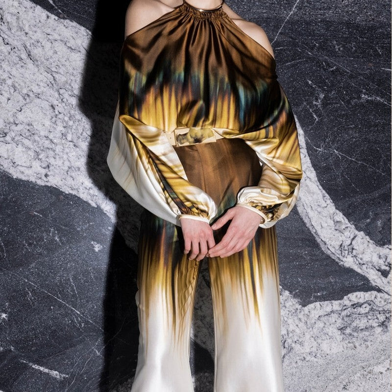 Printing Halterneck Hollow Shoulders Long Sleeve Top And Wide Leg Pants Two Pieces Suits