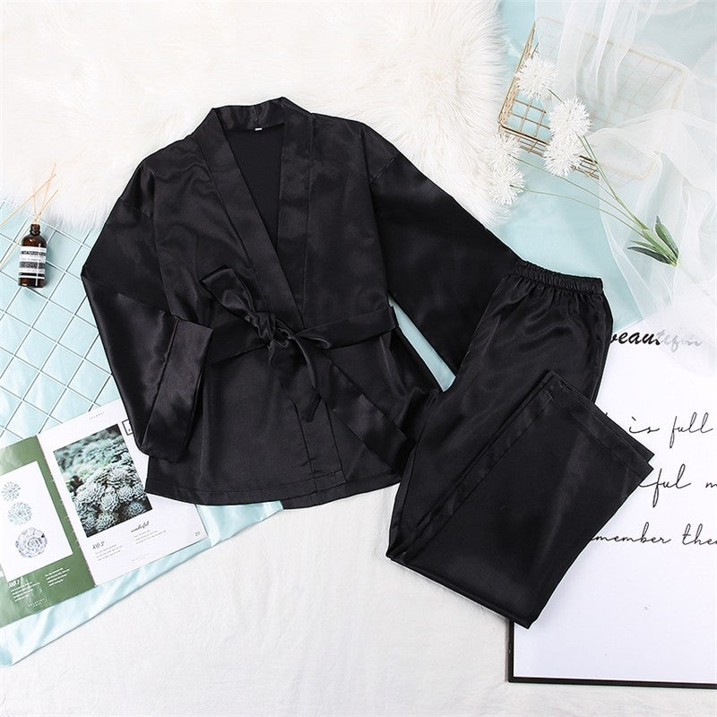 Solid Color Satin Tie Pajama Set