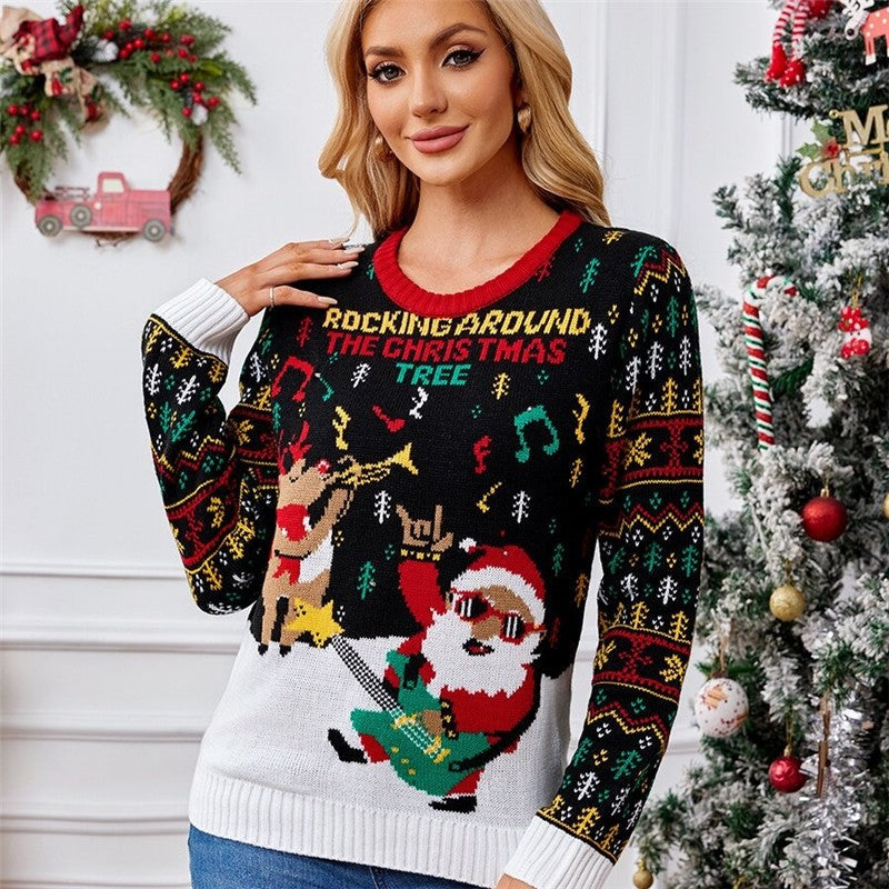 Fashionable Elk Jacquard Santa Claus Knitted Sweater