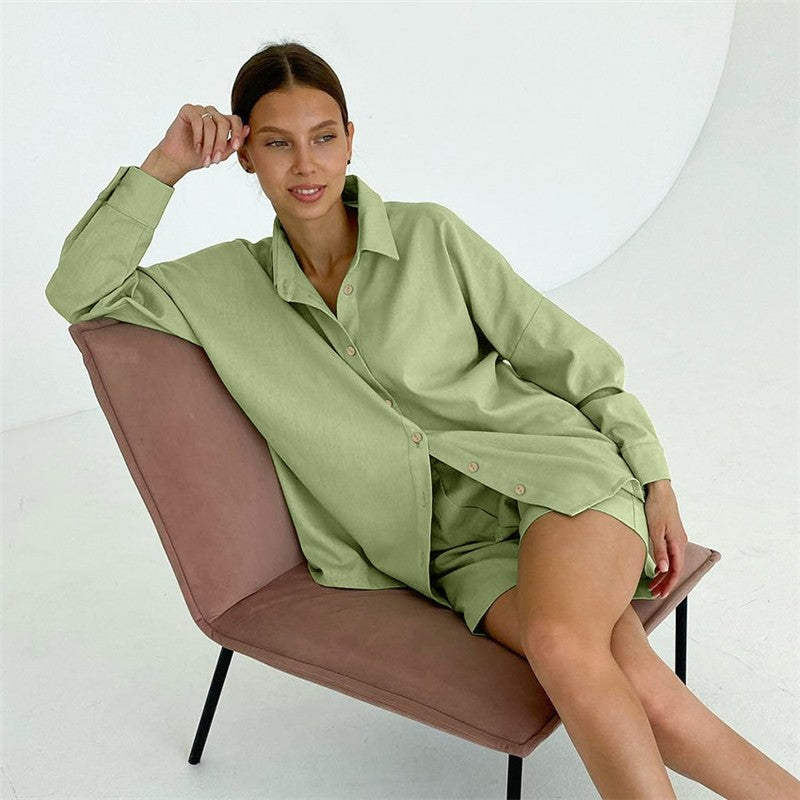 Long-Sleeve Cardigan and Shorts Two-Piece Pajama Set