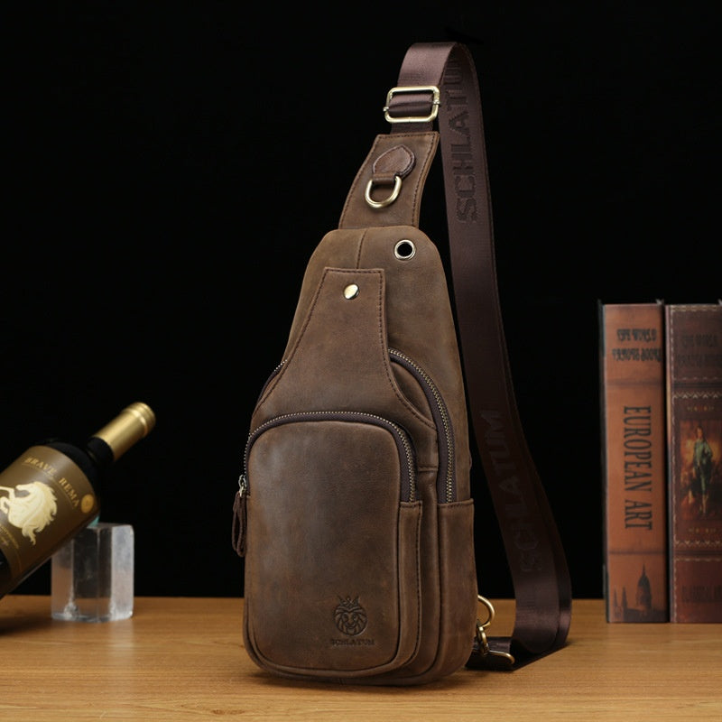 Men's Retro Genuine Leather Sling Bag – Full-Grain Cowhide Chest Crossbody Bag