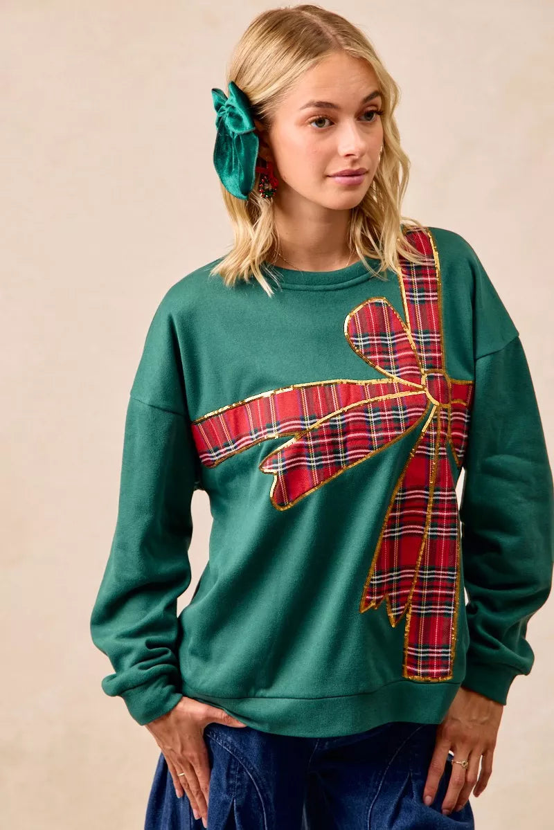 Plaid Ribbon Bow Detail Christmas Fleece Pullover