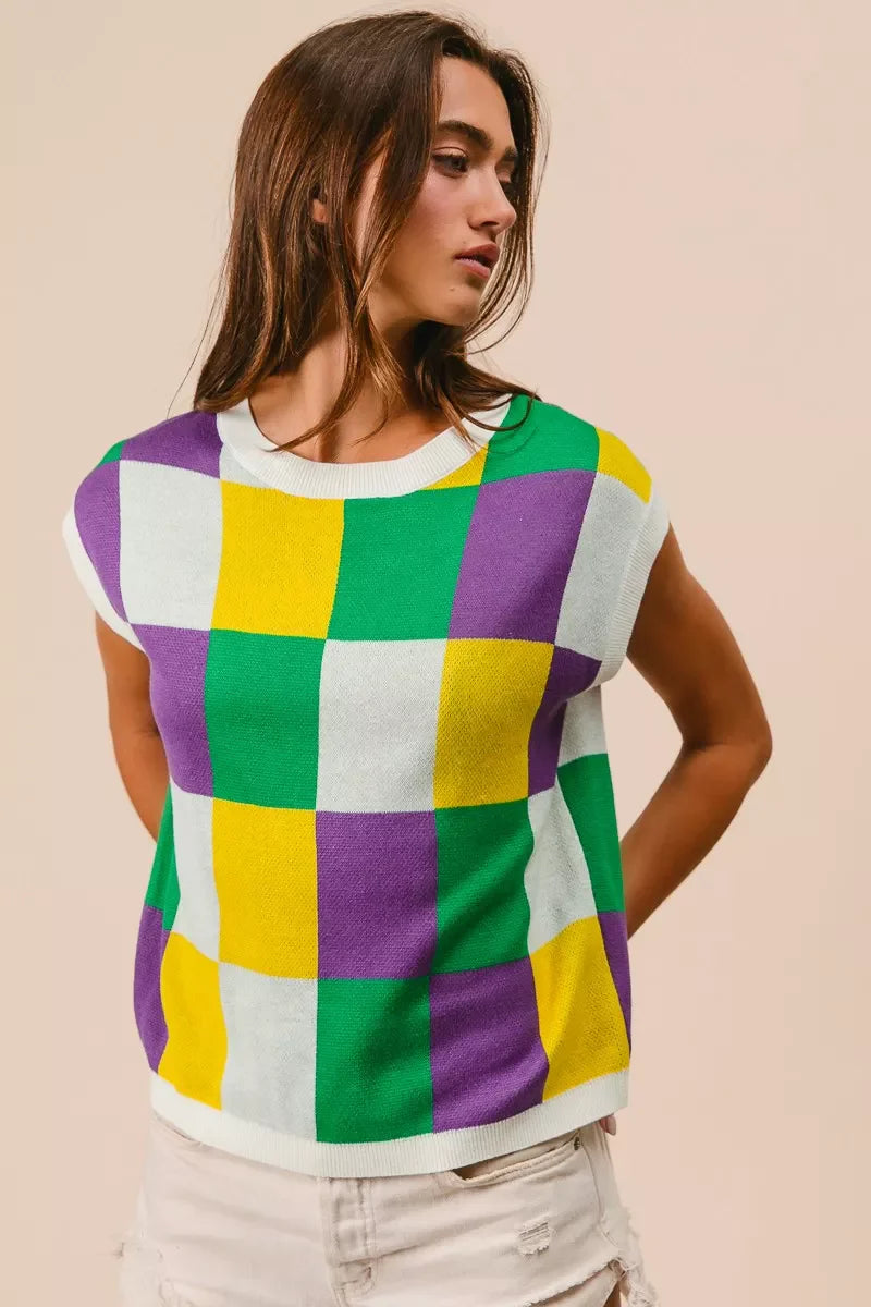 Mardi Gras Checker Pattern Sleeveless Sweater Top