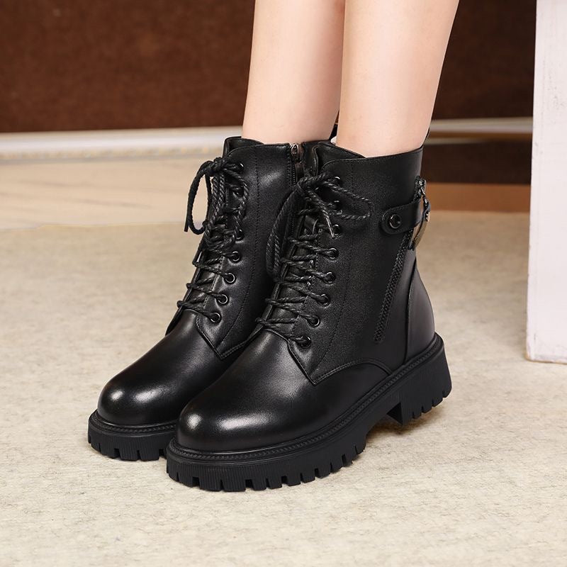 Women's British-Style Fleece-Lined Chunky Heel Boots | Warm Insulated Lace-Up Winter Boots