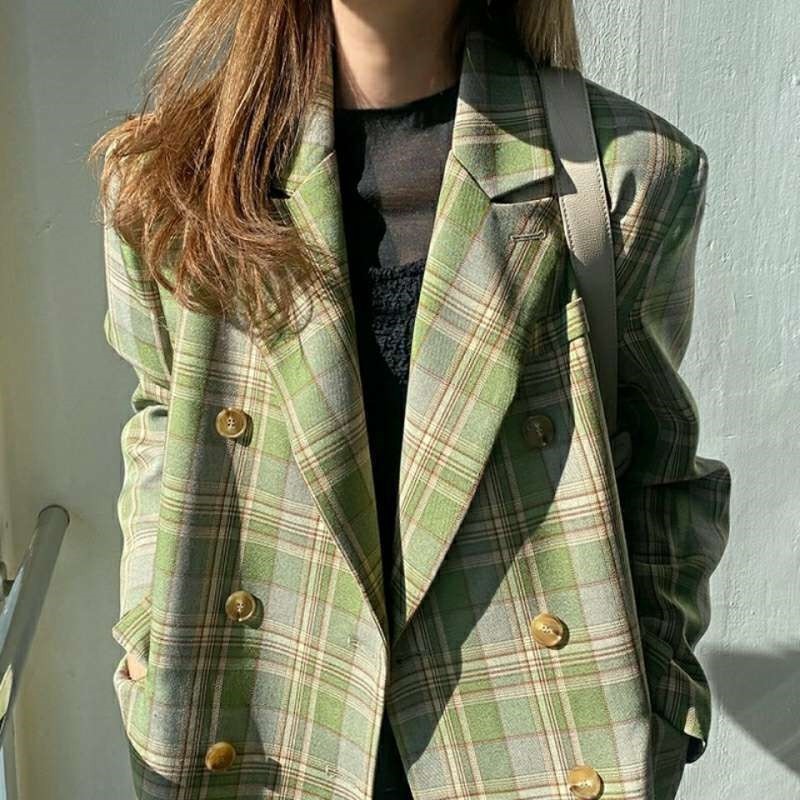 Casual Color Block Plaid Loose Fit Blazer