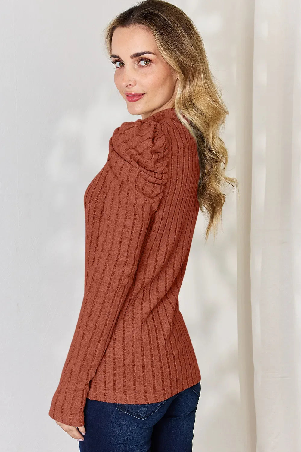 I am a Fashion junky Full Size Ribbed Mock Neck Puff Sleeve T-Shirt