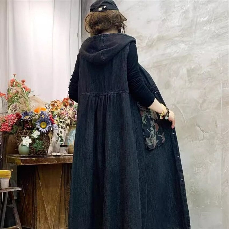 Sleeveless Denim Vest With Hood And Floral Print