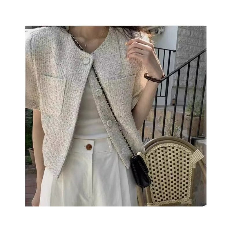 Solid Grid Short Sleeve Cardigan